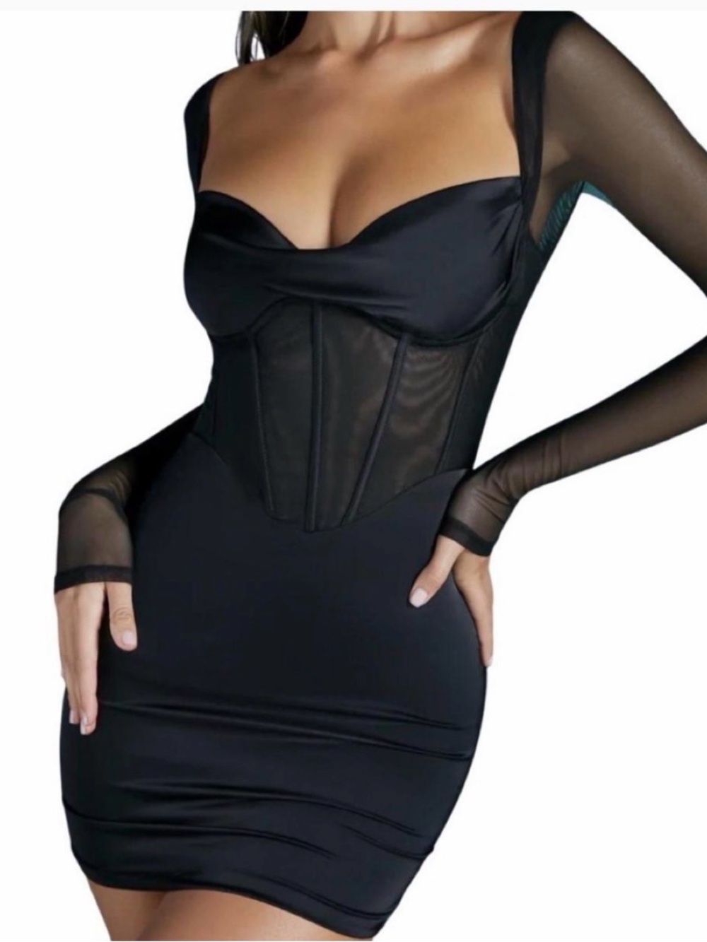 Oh Polly Black Mesh Corset Bodycon Dress - Women's